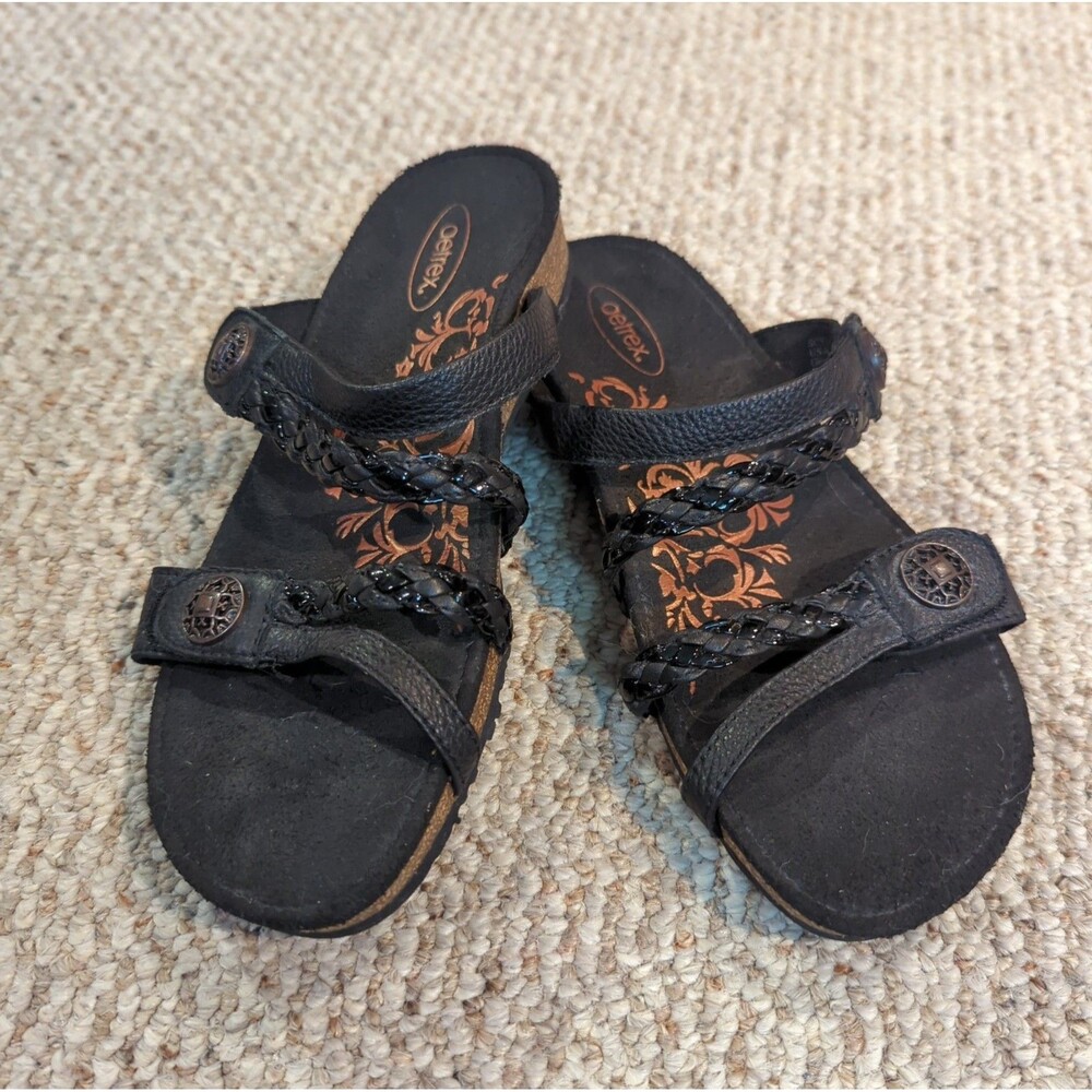 Aetrex Janey Braided Sandals Slide Womens 7 Black Leather Comfort Strappy
